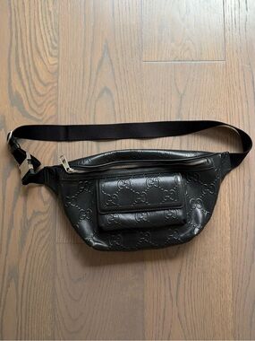 Gucci Black Embossed GG Leather Belt Bag with Silver Hardware